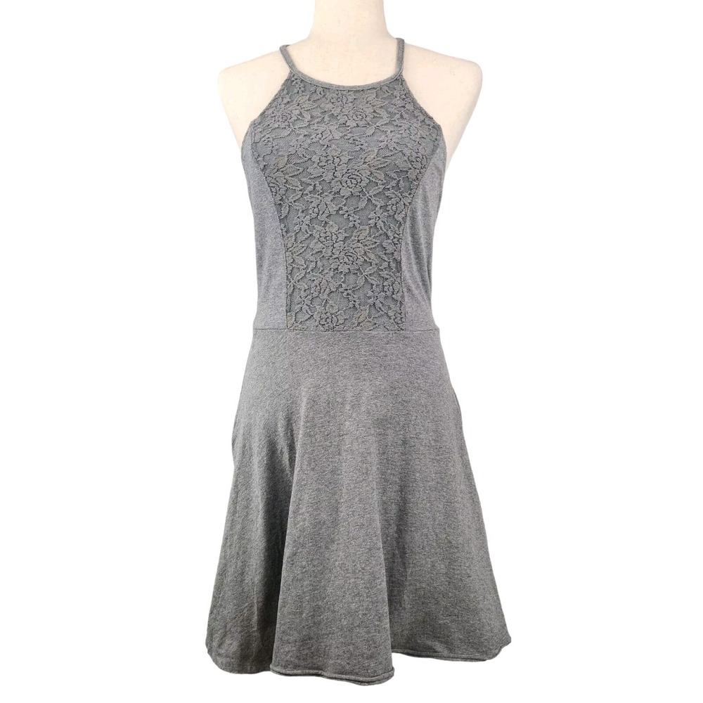 Abercrombie & Fitch Halter Skater Dress Medium Gray Embroidered Floral Fit Flare